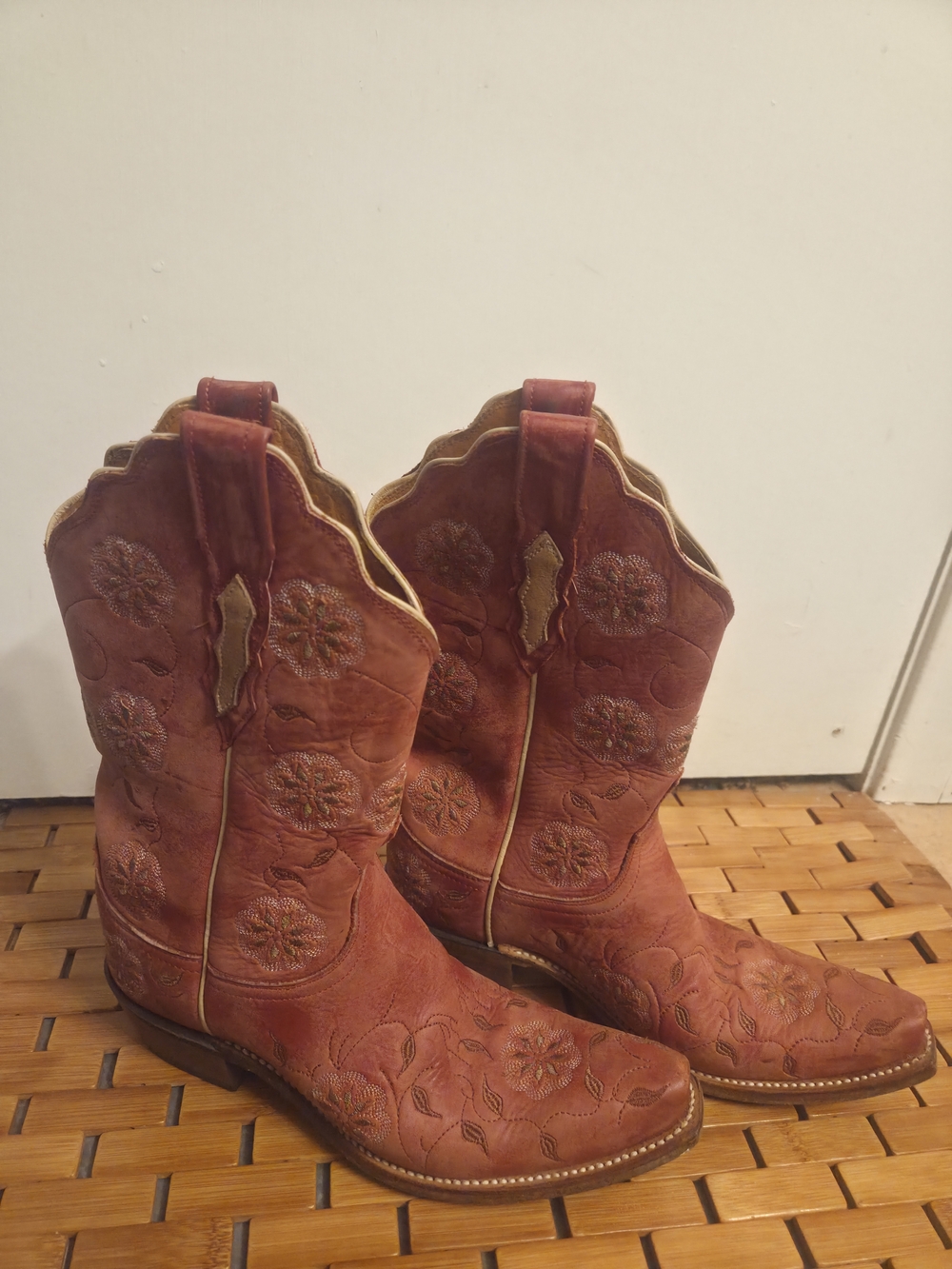 Lucchese Red Floral Embroidered Heeled Cowboy Boots